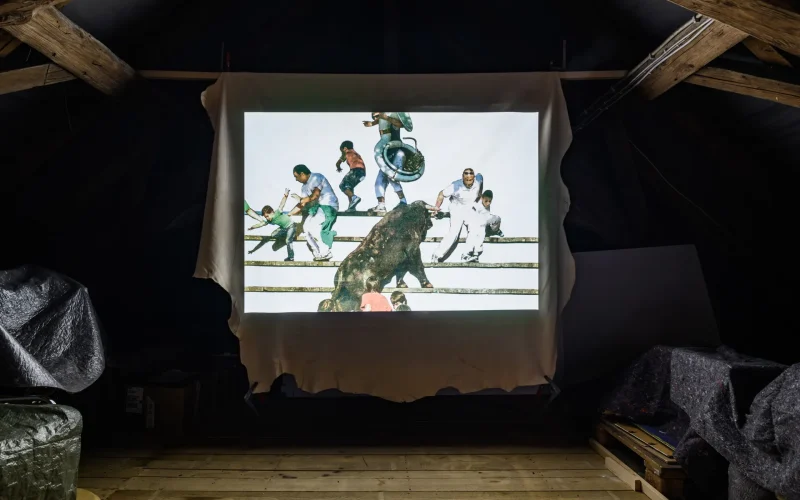 Zu sehen ist die Installation „Tafalla“ mit einem projizierten Bild in der Mitte, eingebettet in eine dunkle, fast höhlenartige Architektur mit einer Rahmen-Konstruktion aus Holzbalken und seitlich im Vordergrund sich befindenden und mit dunklme Stoff verhüllten Objekten auf einem Holzdielenboden. Im Zentrum steht die im dunklen umgebenden Raum hell hervortretende großformatige Projektion eines Bildes auf ein lose gespanntes, unregelmäßig herabhängendes Tuch. Das projizierte Bild zeigt eine dynamische Szene mit mehreren Personen und einem Stier, der von seitlich hinten zu sehen ist.