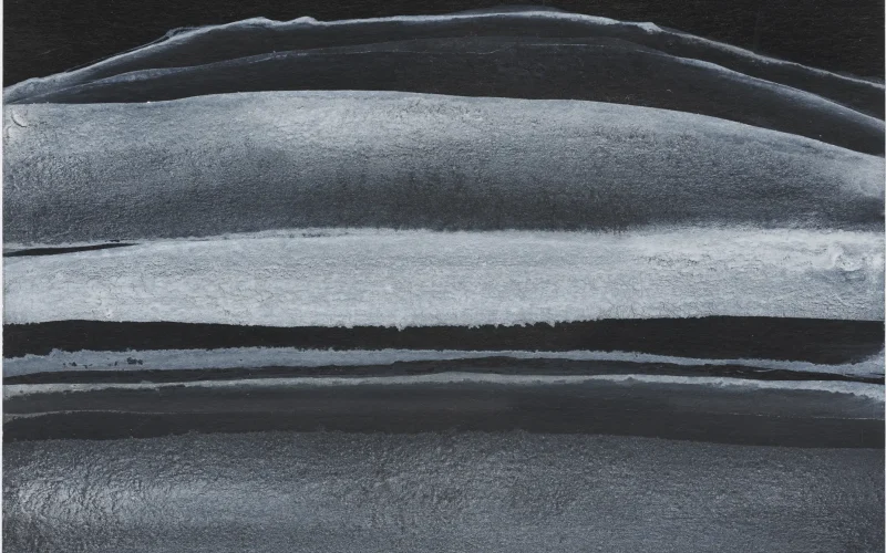 „Horizonte“ ist eine Tuschezeichnung. Zu sehen ist ein Werk in rechteckigem Hochkant-Format, dessen Bildfläche von dunklen Farbtönen bestimmt wird. Der obere Rand ist weiß, darunter folgt ein tiefschwarzer Bereich, auf den nach unten hin wiederum mehrere graue Farbbandflächen aufeinanderfolgen. Diese liegen streifenartig horizontal geschichtet übereinander, unregelmäßig verlaufende Linien- und Flächenbänder in verschiedenen grauschwarzen Farbtönen. Die einzelnen Schichten wirken wie übereinandergestapelte Schichten, die sich von links nach rechts durch die Bildfläche ziehen.